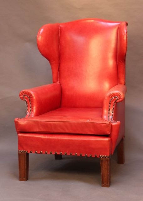 19thc. Red Leather Wing Armchair