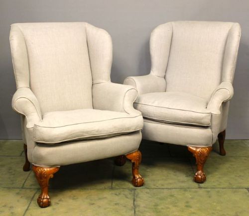 Pair of 19thc. Walnut Upholstered Wing Back Armchairs