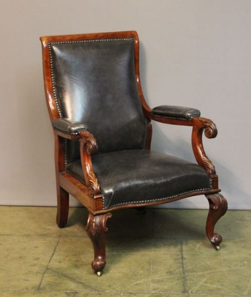 19thc. Mahogany & Leather Upholstered Bergere Chair