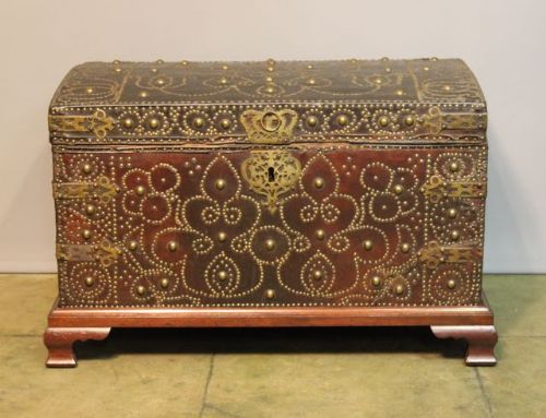 18thc Leather and Brass Bound Chest