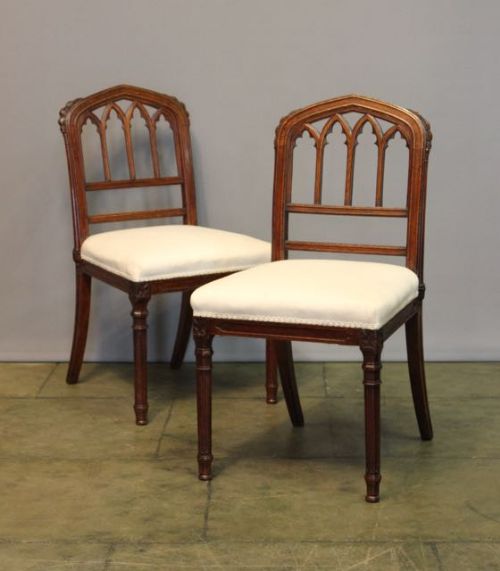 Pair of 19thc. Oak Gothic Revival Steeple Back Chairs
