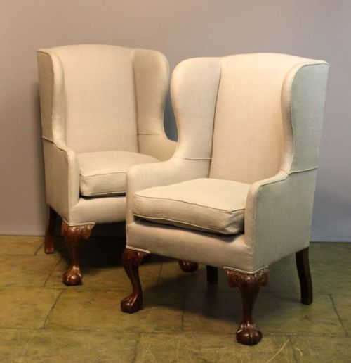 A Pair of 19thc. Upholstered  Walnut Wing Armchairs