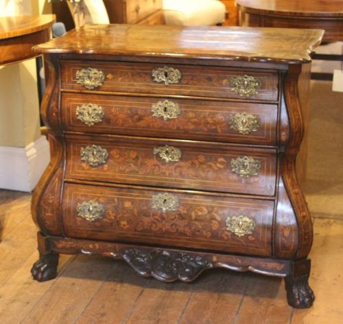 18thc. Walnut Marquetry Bombe Commode Chest