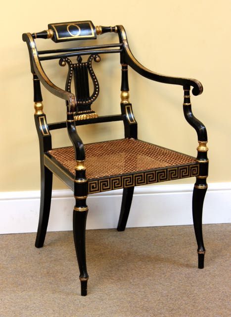 Regency Ebonised and Gilt Lyre Back Armchair