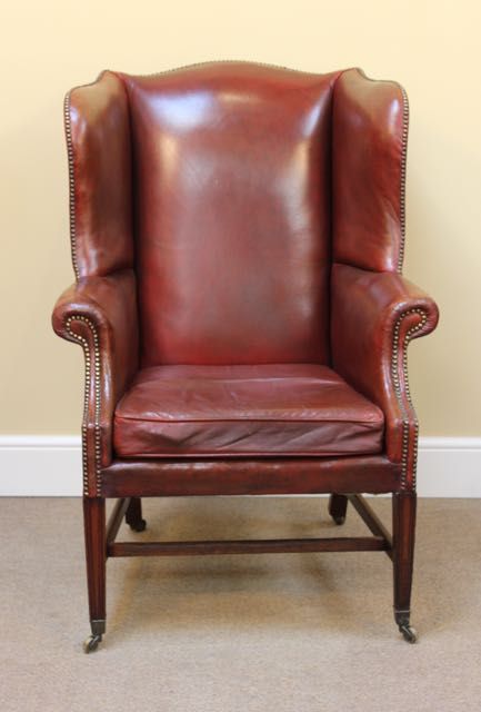 19thc Leather Wing Armchair.