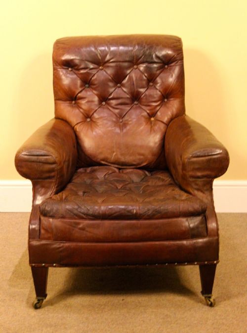 Large 19thc. Button Back Leather Armchair