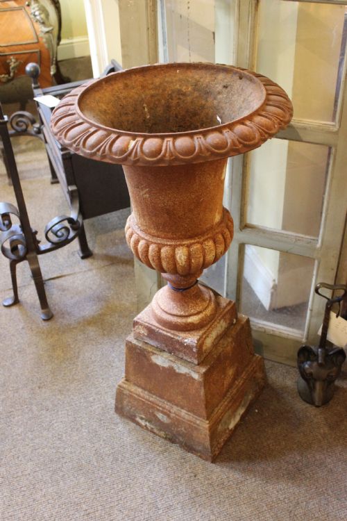 PAIR OF EDWARDIAN CAST IRON URNS ON STANDS - ADDITIONAL PHOTO 2