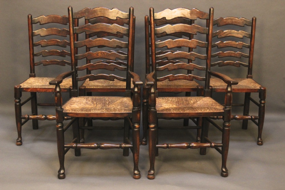 Set of Six 19thc Ladder Back Rush Seated Dinning Chairs