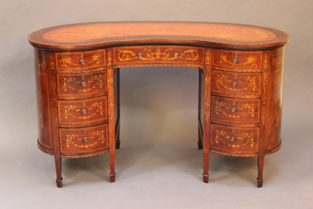 Late 19thc. Mahogany Inlaid Kidney Shaped Des