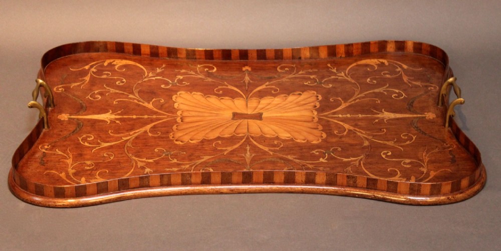 Late 19thc. Inlaid Mahogany Kidney Shaped Tray