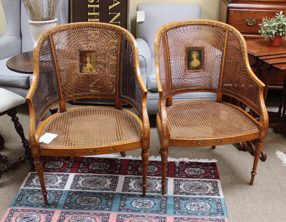 Pair of Late 19thc.  Painted Satinwood Armchairs