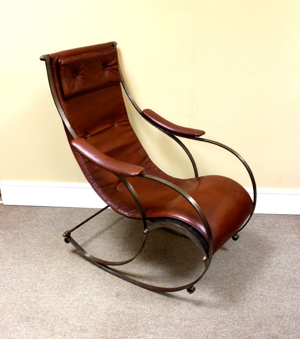 Early 20thc Metal and Leather Rocking Chair