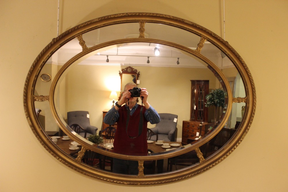 A horizontal 19th-century oval wall mirror featuring a gilded dual-ring frame connected by decorative spoke-like rosettes.