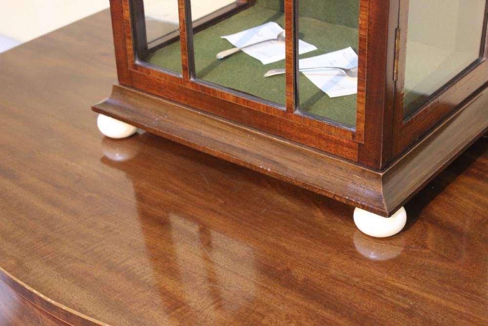 A tall, narrow late 19th-century mahogany display cabinet featuring a single glazed door with Gothic arched glazing bars and a green fabric-lined interior. View II
