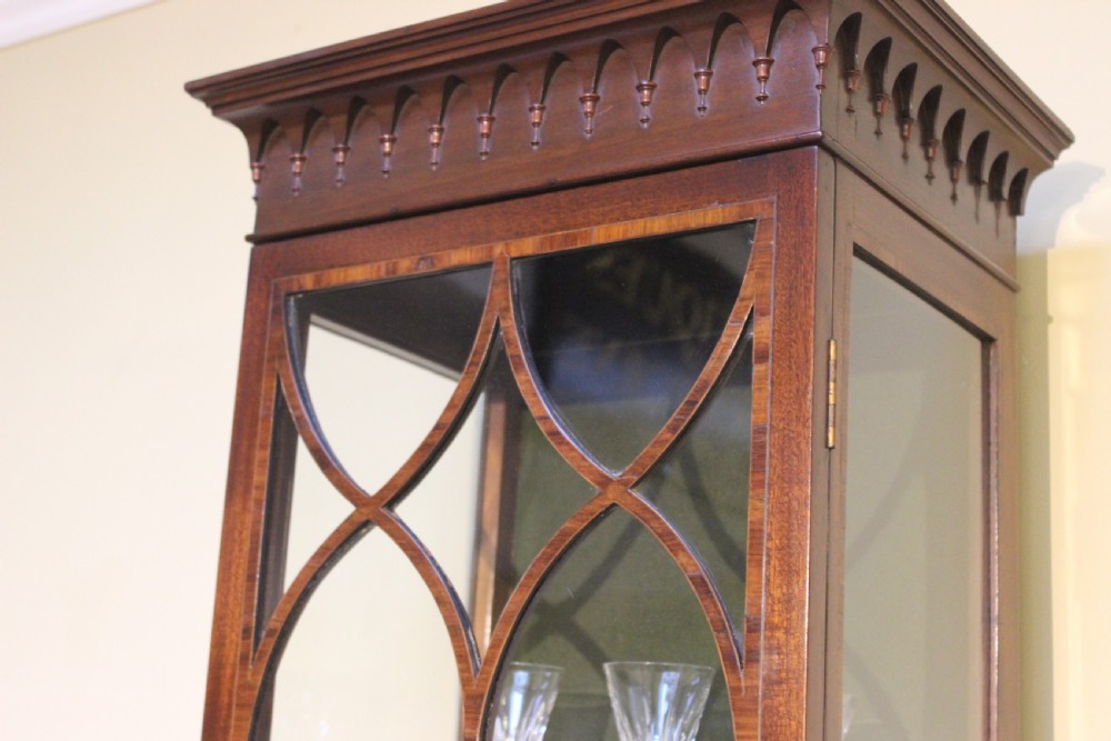 A tall, narrow late 19th-century mahogany display cabinet featuring a single glazed door with Gothic arched glazing bars and a green fabric-lined interior. View IV