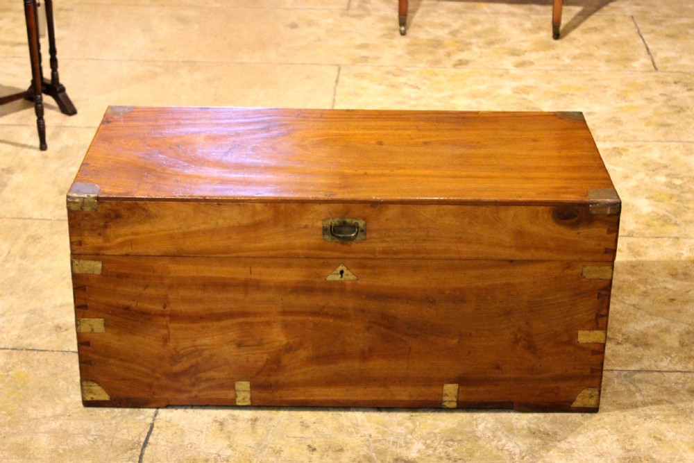 A rectangular 19th-century camphor wood chest featuring brass corner brackets, brass strap reinforcements, a central keyhole escutcheon, and dovetail joinery. View II