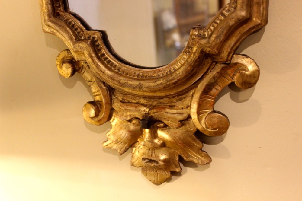 A nineteenth-century Rococo style gilded wall mirror featuring elaborate C-scroll carvings, a shell cresting, and a carved lower mask apron. View IV