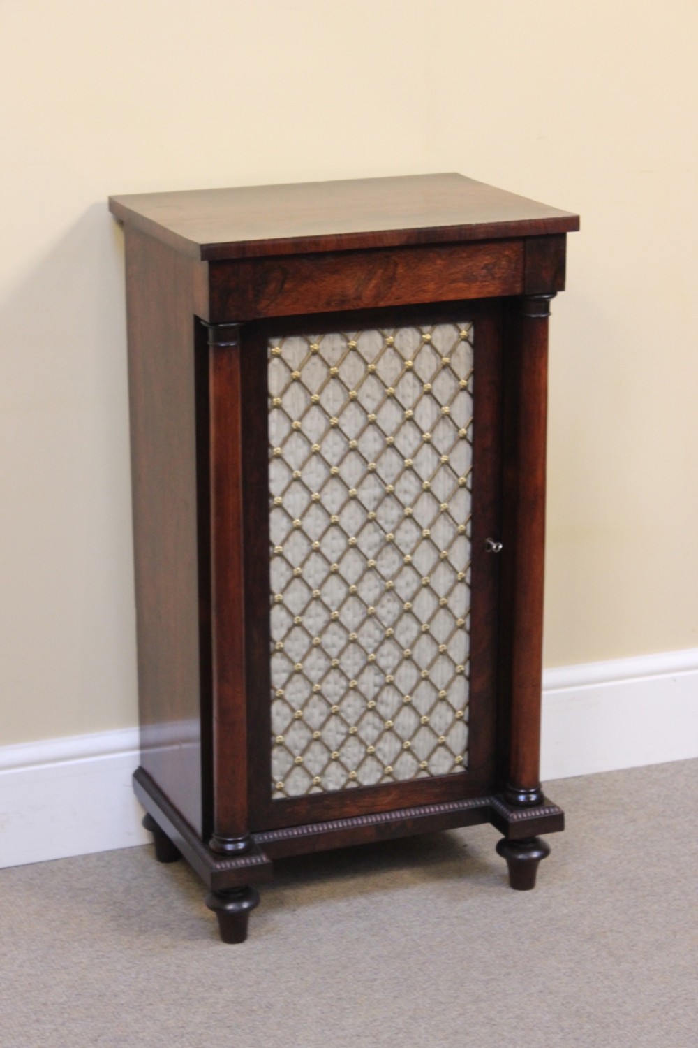 A 19th-century rosewood pier cabinet featuring a single door with a brass wire grille over pleated fabric, flanked by turned columns. View III