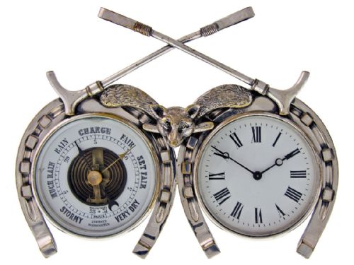 antique silver plated fox hunting clock and barometer set - CATEGORY: ANTIQUE CLOCKS - DATED 1890
