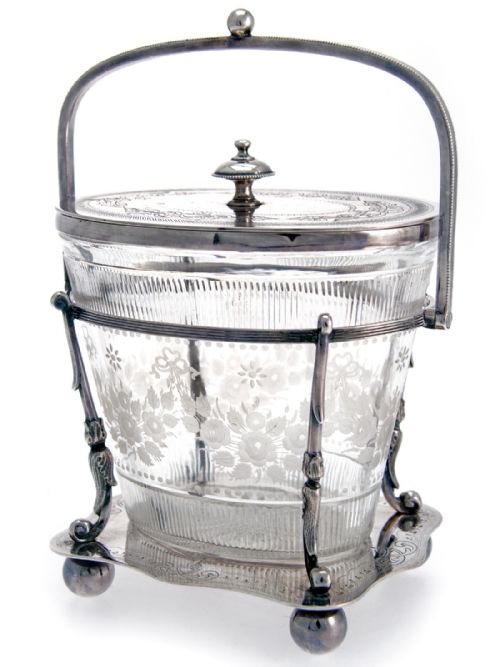 victorian silver plated biscuit box with engraved glass liner - CATEGORY: ANTIQUE SILVER - DATED 1890