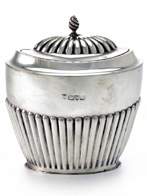 half fluted chester made oval silver tea caddy - CATEGORY: ANTIQUE SILVER - DATED 1920