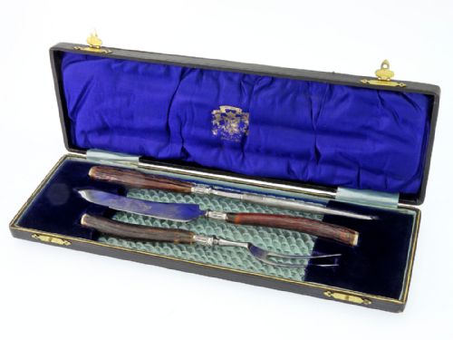 three piece silver plate game carving set with stag handles - CATEGORY: ANTIQUE SILVER - DATED 1890