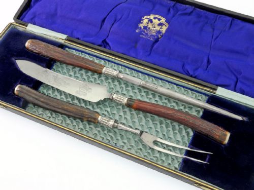 THREE PIECE SILVER PLATE GAME CARVING SET WITH STAG HANDLES - ADDITIONAL PHOTO 1
