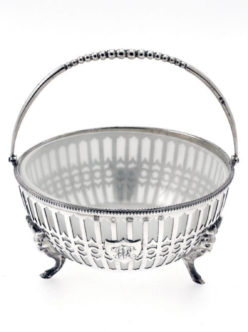 ANTIQUE PIERCED SILVER SUGAR BASKET WITH FROSTED GLASS LINER - ADDITIONAL PHOTO 1