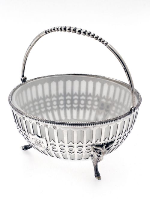 ANTIQUE PIERCED SILVER SUGAR BASKET WITH FROSTED GLASS LINER - ADDITIONAL PHOTO 2
