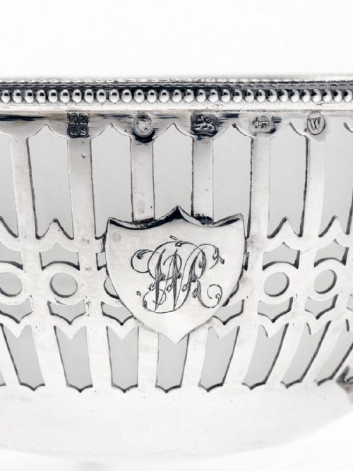 ANTIQUE PIERCED SILVER SUGAR BASKET WITH FROSTED GLASS LINER - ADDITIONAL PHOTO 3