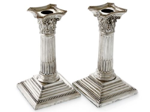 pair of edwardian silver corinthian column candlesticks - CATEGORY: ANTIQUE SILVER - DATED 1910
