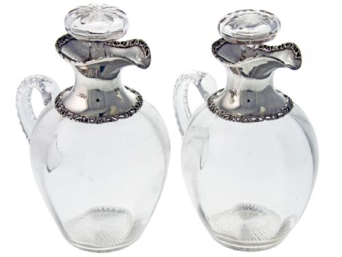 pair antique william comyns silver neck and glass victorian claret jugs - CATEGORY: ANTIQUE SILVER - DATED 1900