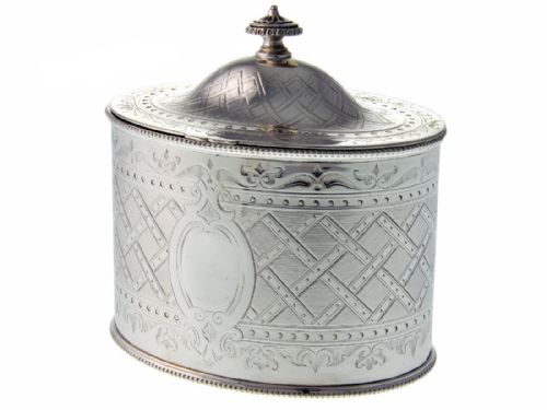 victorian oval silver plate tea caddy - CATEGORY: ANTIQUE SILVER - DATED 1890