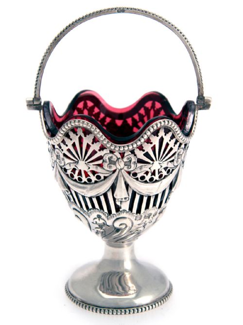VICTORIAN SILVER SUGAR BASKET WITH RUBY RED GLASS LINER - ADDITIONAL PHOTO 1