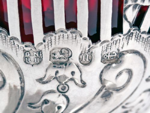 VICTORIAN SILVER SUGAR BASKET WITH RUBY RED GLASS LINER - ADDITIONAL PHOTO 5