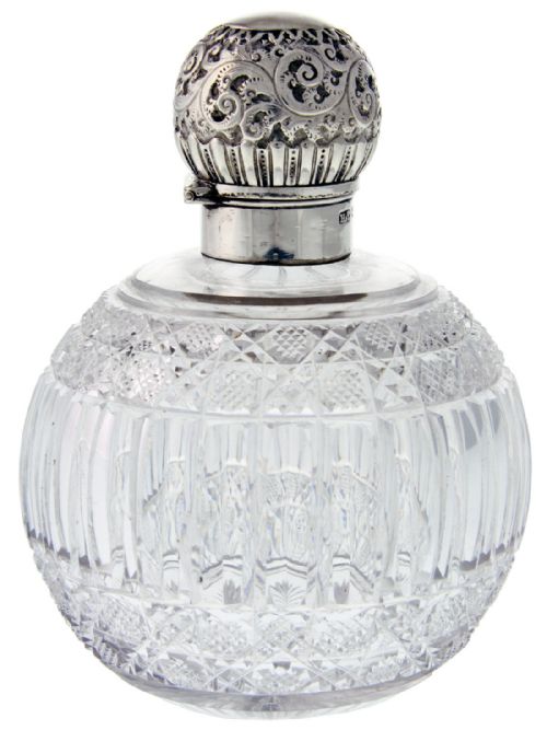 large antique silver topped glass perfume bottle - CATEGORY: ANTIQUE GLASS - DATED 1890