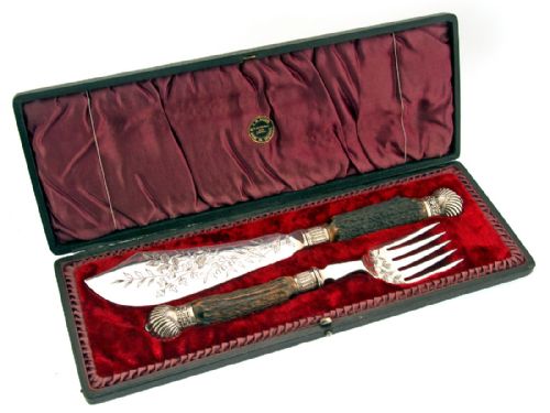 pair of boxed silver plate stag handle fish servers - CATEGORY: ANTIQUE SILVER - DATED 1870