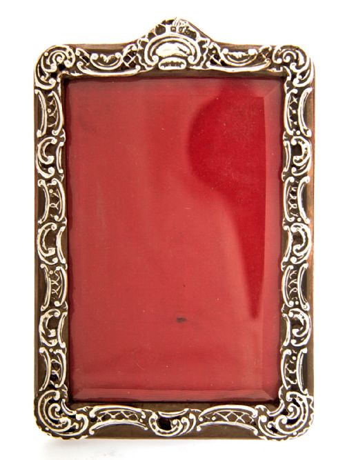 VICTORIAN PIERCED AND EMBOSSED SILVER PICTURE FRAME WITH BEVELED GLASS AND LEATHER BACK - ADDITIONAL PHOTO 2
