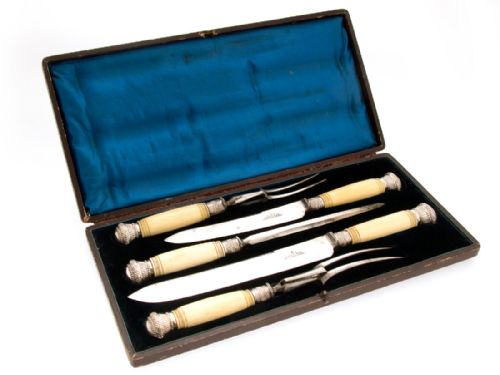antique boxed five piece bone handled carver set - CATEGORY: ANTIQUE SILVER - DATED 1890