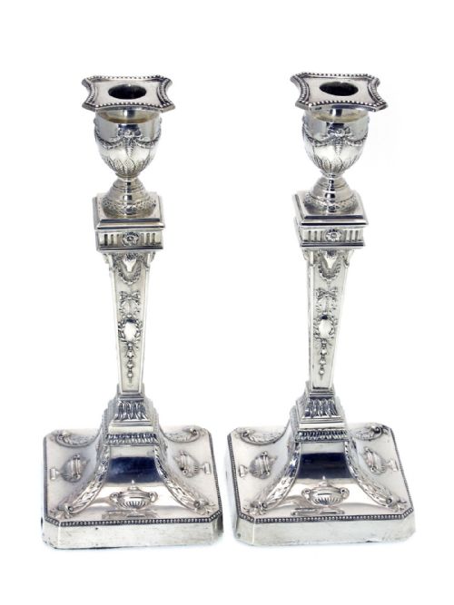 pair of adam style silver candlesticks c1901 - CATEGORY: ANTIQUE SILVER - DATED 1900