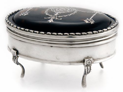 ANTIQUE SILVER OVAL TORTOISESHELL JEWELLERY BOX - ADDITIONAL PHOTO 1