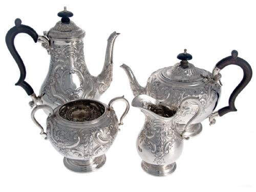 heavily chased silver four piece tea and coffee set - CATEGORY: ANTIQUE SILVER - DATED 1900