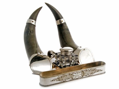 decorative antique silver plated cow horn ink stand - CATEGORY: ANTIQUE SILVER - DATED 1890