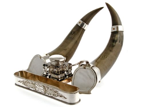 DECORATIVE ANTIQUE SILVER PLATED COW HORN INK STAND - ADDITIONAL PHOTO 1
