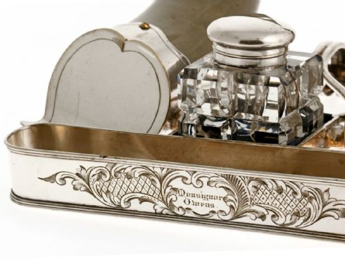 DECORATIVE ANTIQUE SILVER PLATED COW HORN INK STAND - ADDITIONAL PHOTO 2