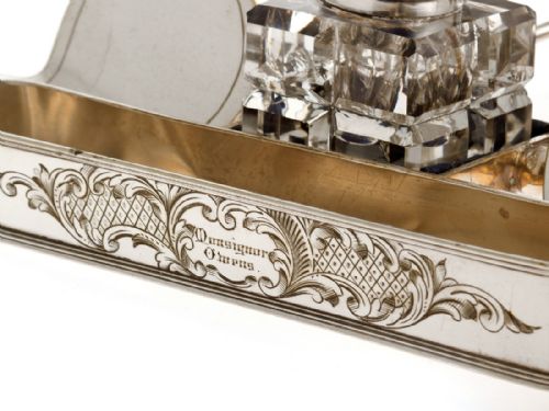 DECORATIVE ANTIQUE SILVER PLATED COW HORN INK STAND - ADDITIONAL PHOTO 3