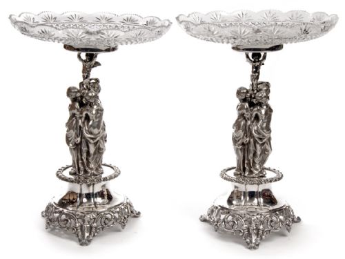 pair of elegant silver plate comports depicting three female figures and a cherub - CATEGORY: ANTIQUE SILVER - DATED 1880