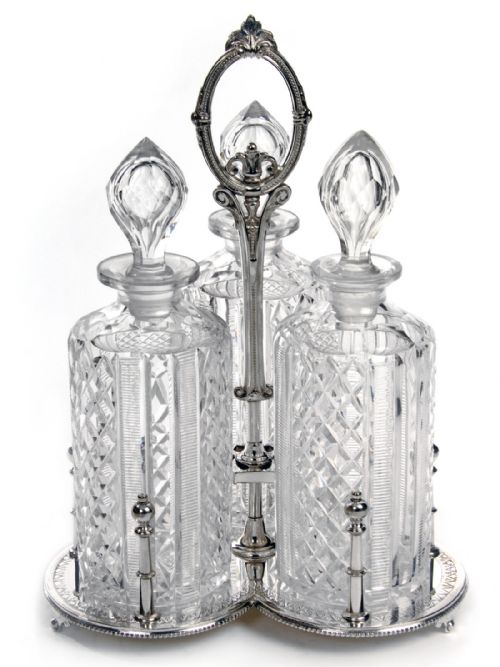 silver plate victorian three cut glass bottle decanter stand - CATEGORY: ANTIQUE SILVER - DATED 1890