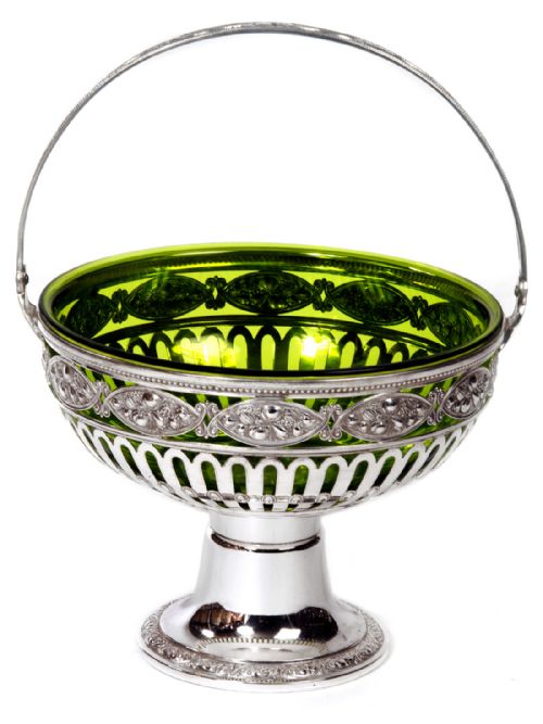 silver plated wmf swing handle basket with original green glass liner - CATEGORY: ANTIQUE SILVER - DATED 1920