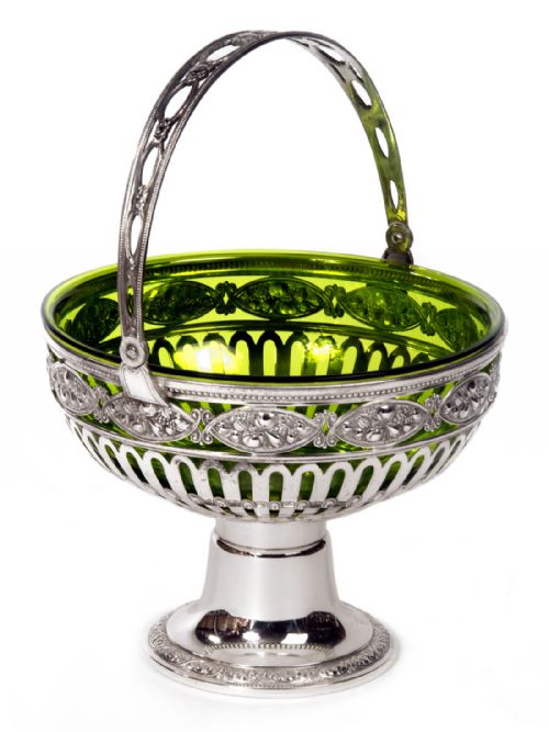 SILVER PLATED WMF SWING HANDLE BASKET WITH ORIGINAL GREEN GLASS LINER - ADDITIONAL PHOTO 1